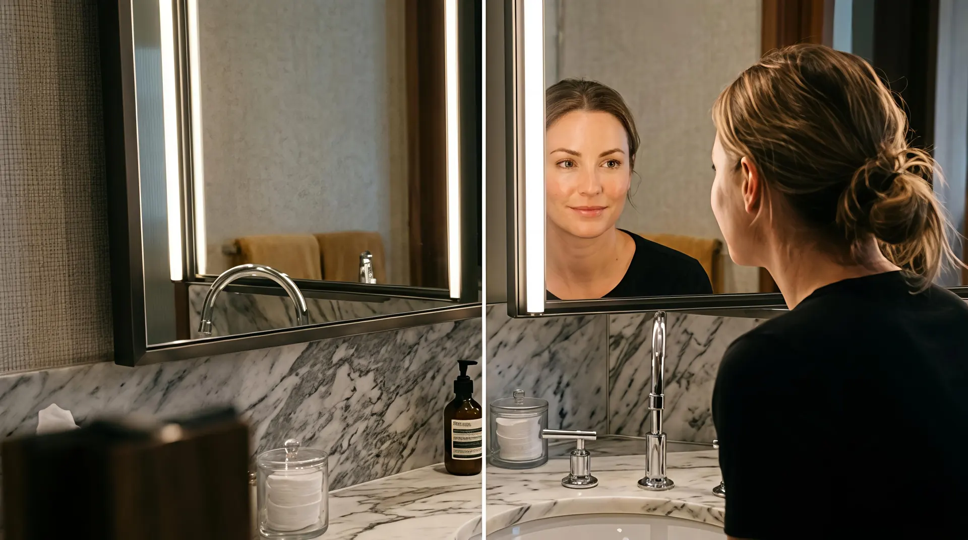 High CRI low glare hotel mirror lighting delivering accurate skin tone rendering in luxury hospitality bathrooms