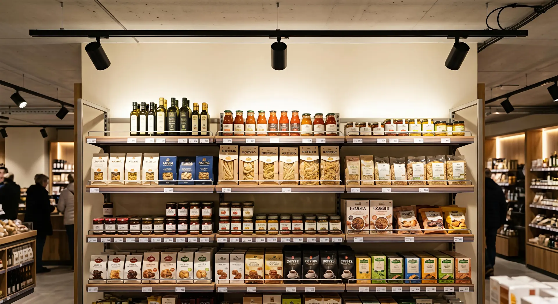 Track wall washer lighting evenly illuminating supermarket shelves with shadow-free uniform brightness.