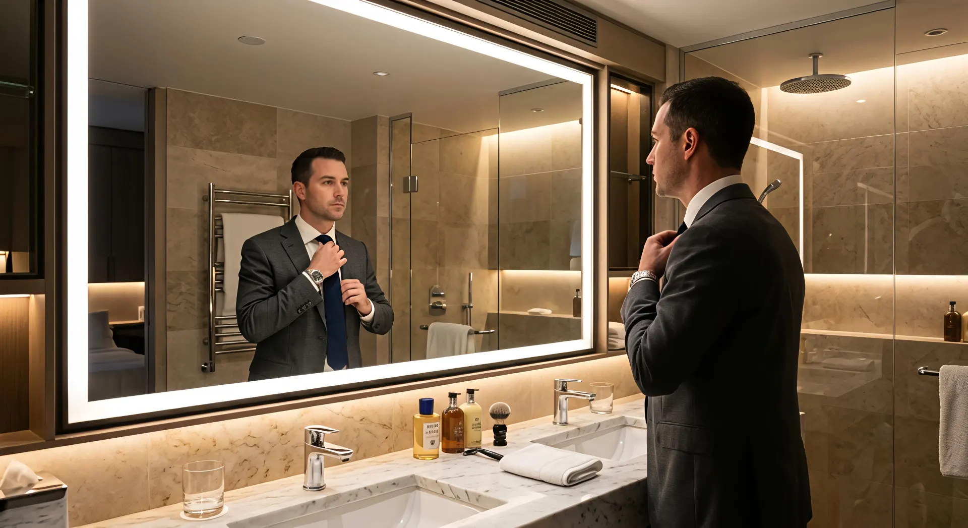Business traveler using a hotel bathroom mirror with shadow-free mirror fill lighting.
