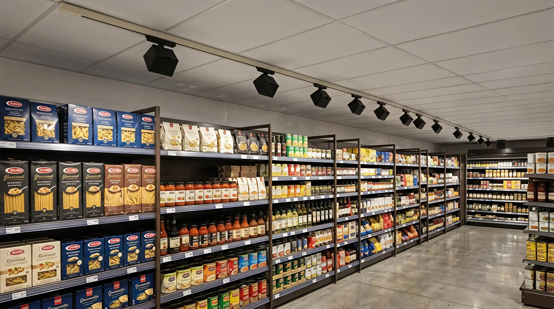 Retail lighting layout using track wall washers and accent lighting for gondola shelving