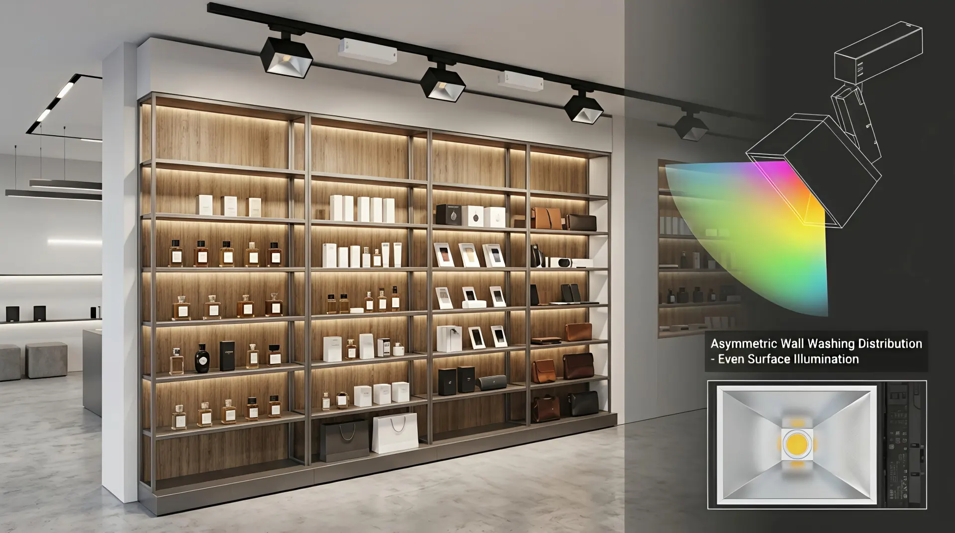Shelf wall washer track light creating uniform vertical shelf illumination across retail displays