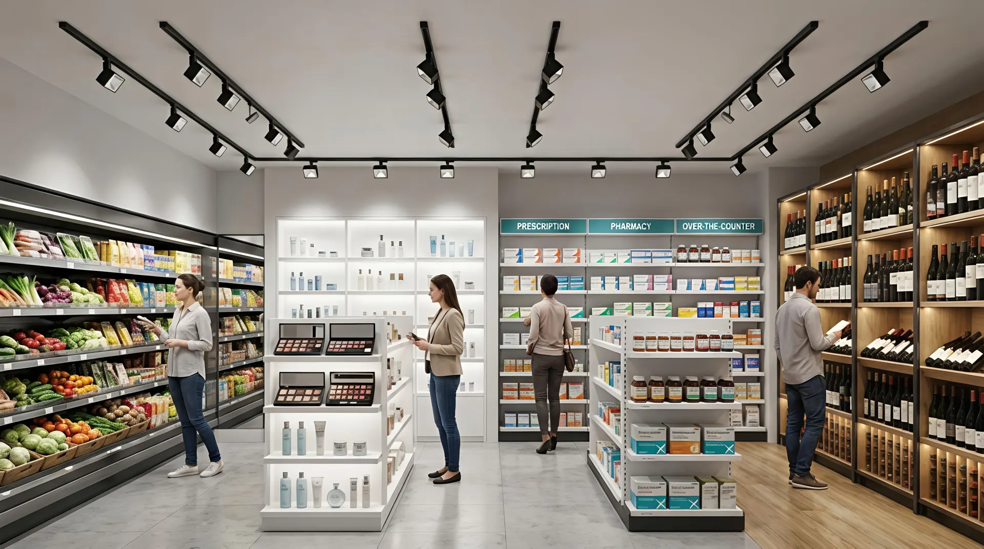 Shelf wall washer track lighting applications in supermarkets beauty stores pharmacies and wine shops
