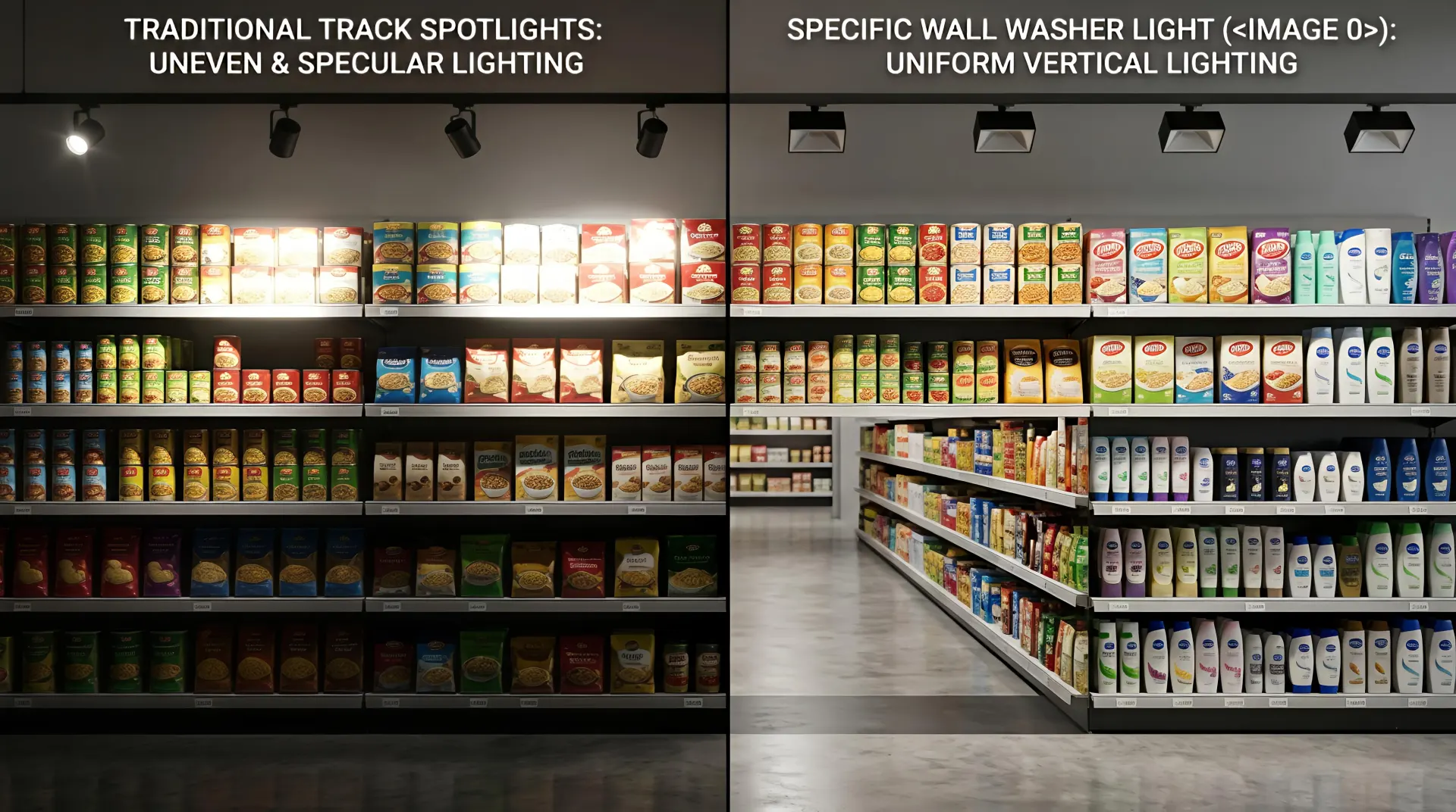 Comparison between traditional track spotlights and shelf wall washer track lighting on retail shelves