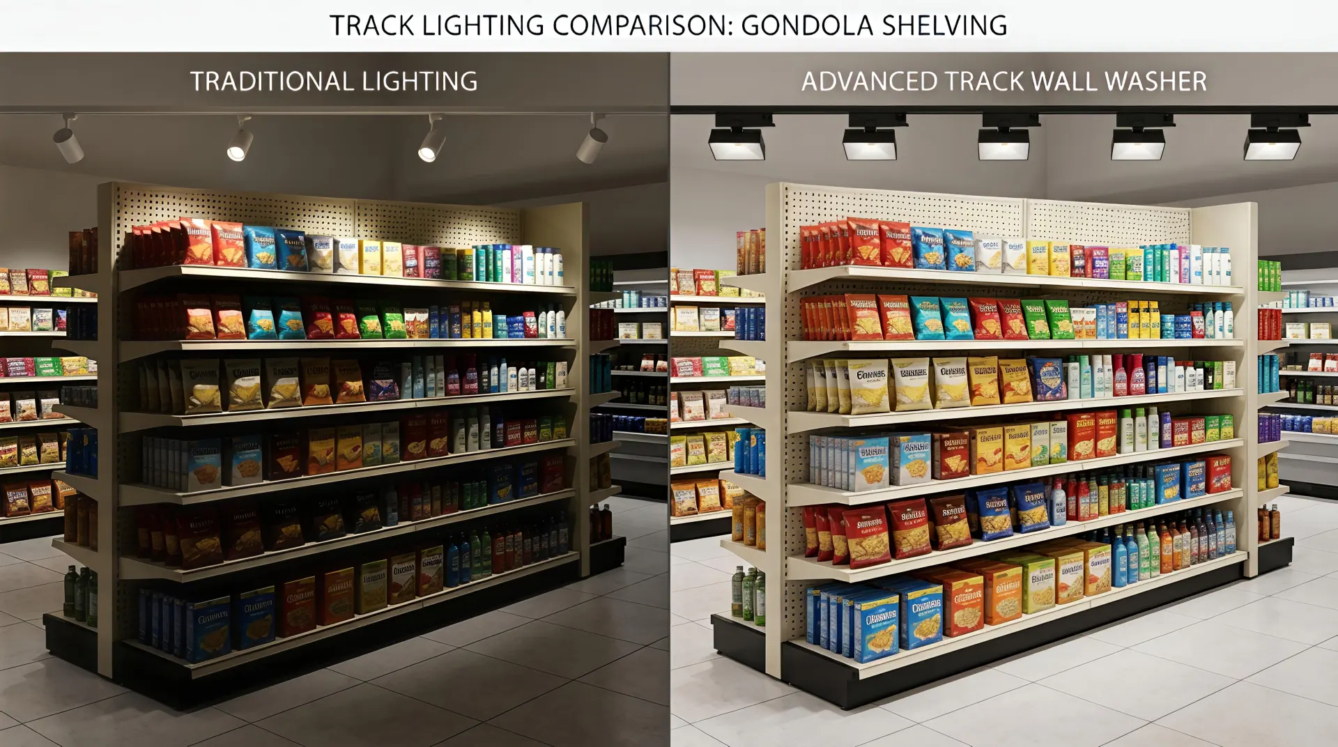 Comparison between traditional track lighting and track wall washer lighting on gondola shelving