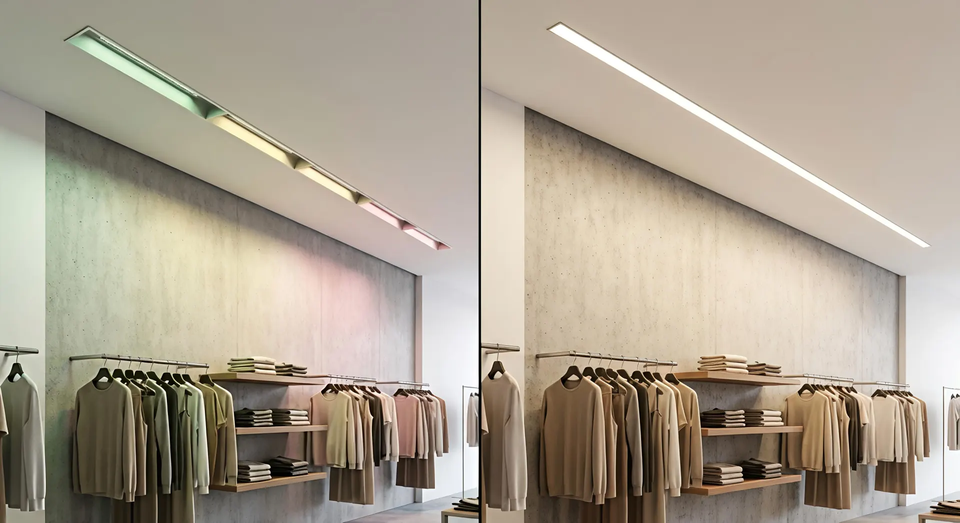 Comparison between poor color consistency LED lighting and SDCM<3 linear downlights in a luxury commercial interior
