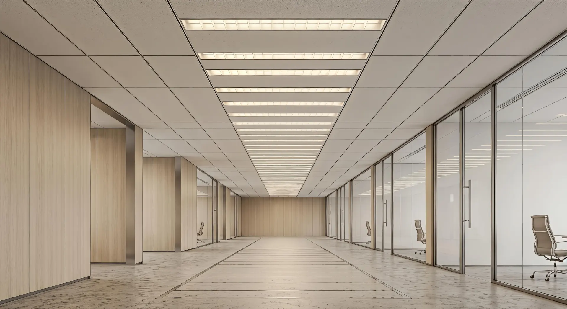 Continuous recessed LED linear downlights installed in a modern office corridor with seamless lighting consistency