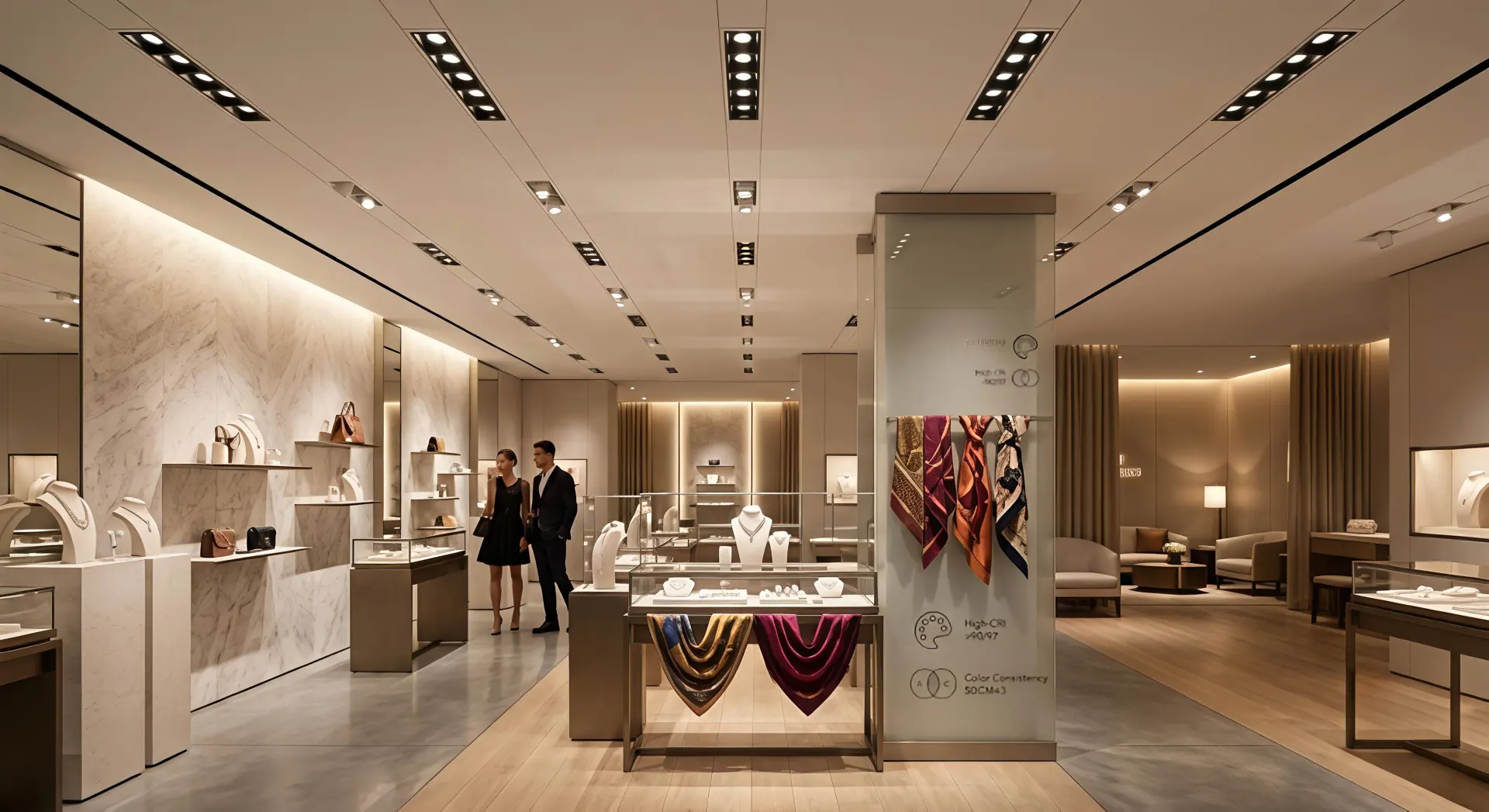 Luxury retail store using SDCM<3 LED linear downlights with uniform high-end architectural lighting
