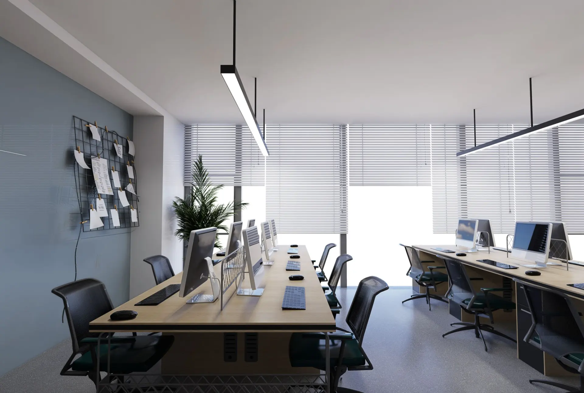 Suspended direct indirect linear luminaires in an open office