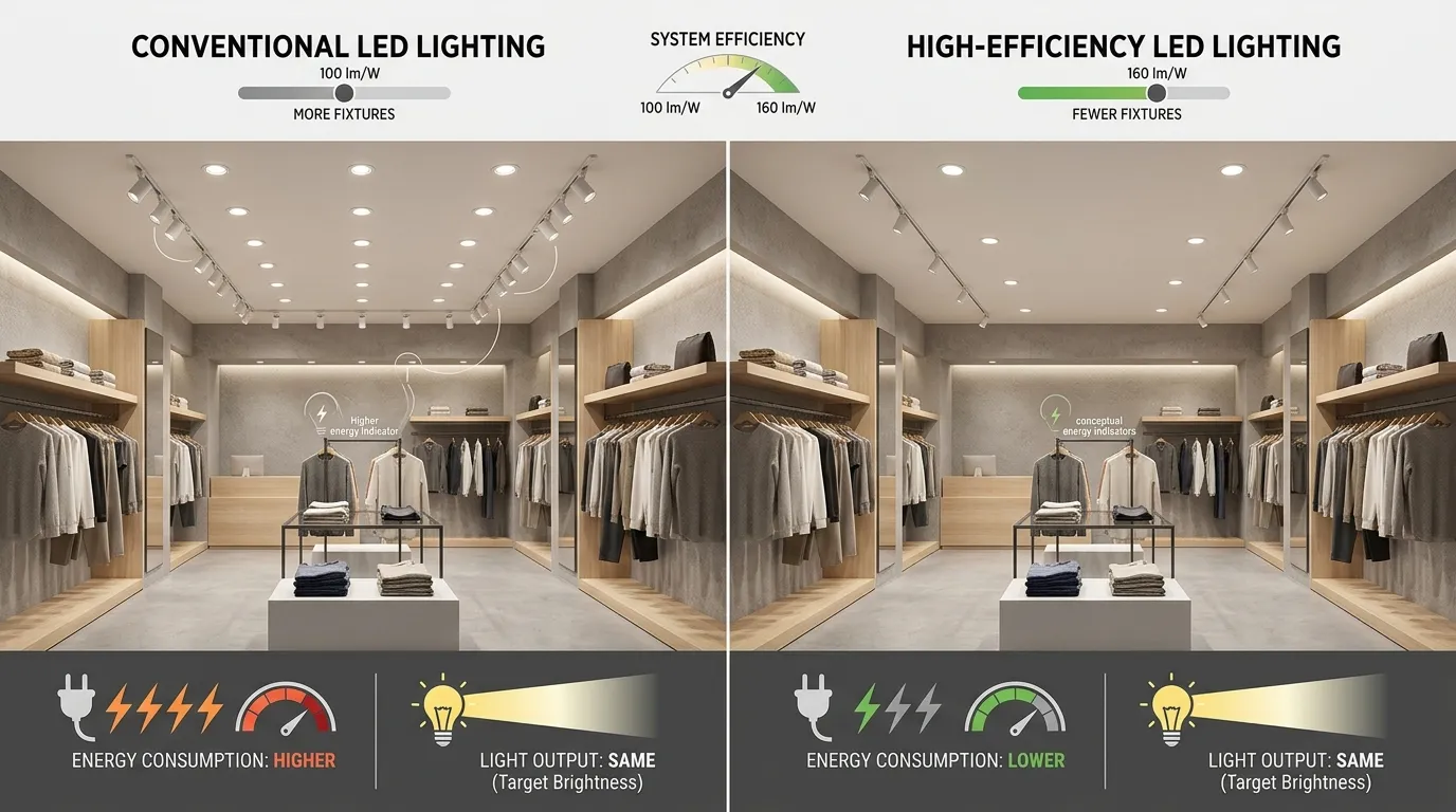 160 lm/W high-efficiency LED lighting comparison showing lower power consumption at the same light output