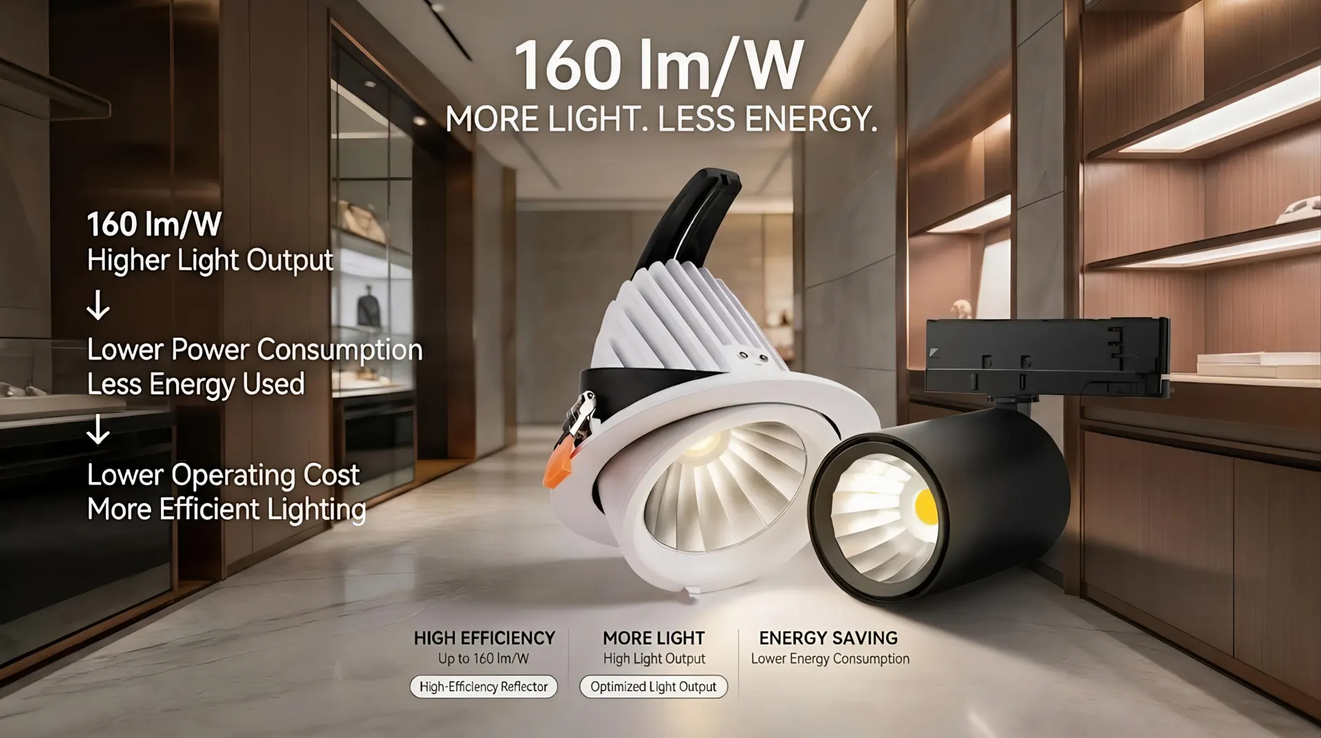 Commercial downlights and track lights combining ambient and accent lighting in a retail space