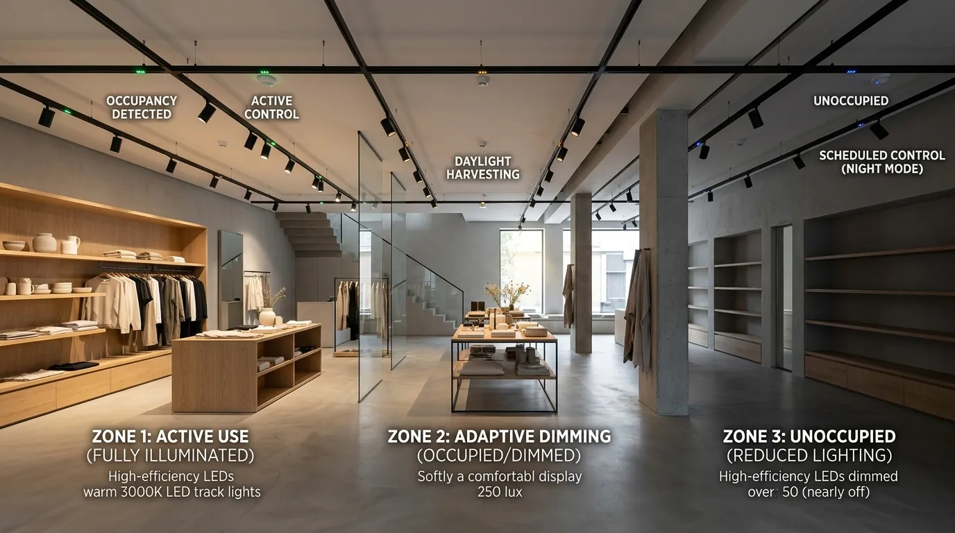 High-efficiency LED lighting combined with smart controls for different commercial lighting zones
