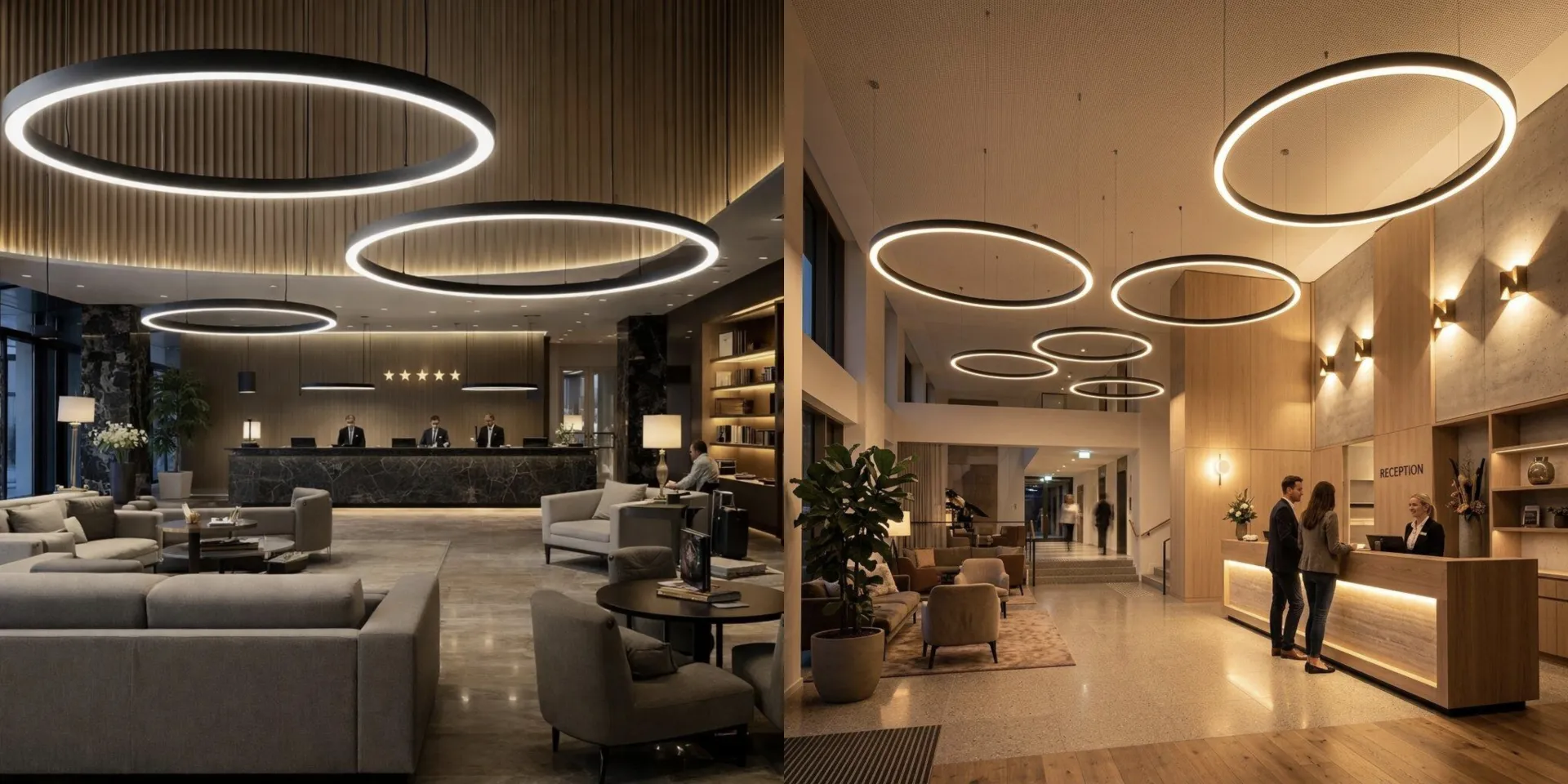 Circular linear lighting creating a visual focal point in a modern hotel lobby